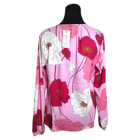 Philosophy Long Sleeved Keyhole Pleated Neckline Pink Floral Iris Print … - Picture 5 of 13